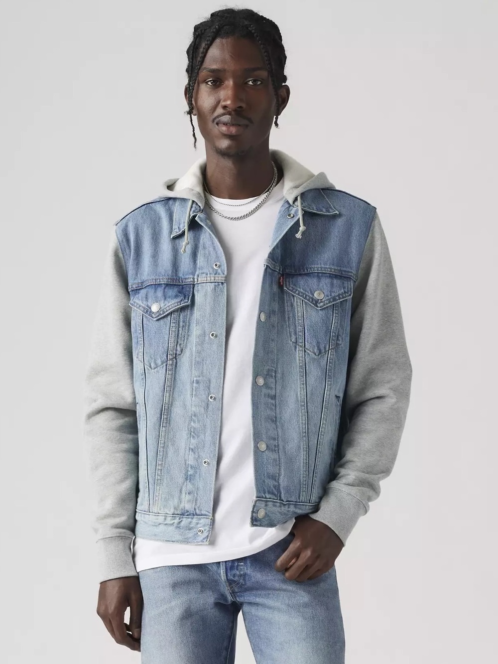 Men’s Levi's Hybrid Hoodie Trucker Denim Gray Sweat Jacket size Small